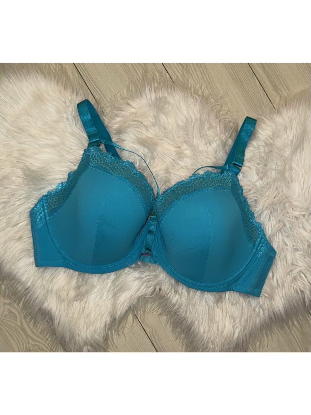 Adore Me LP1761 Caged Lined Underwire Bra Lace Trim Womens 44DD Teal Blue New